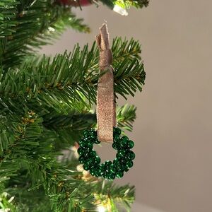 8 Green Bell Wreath Ornaments with Champagne Velvet Ribbon